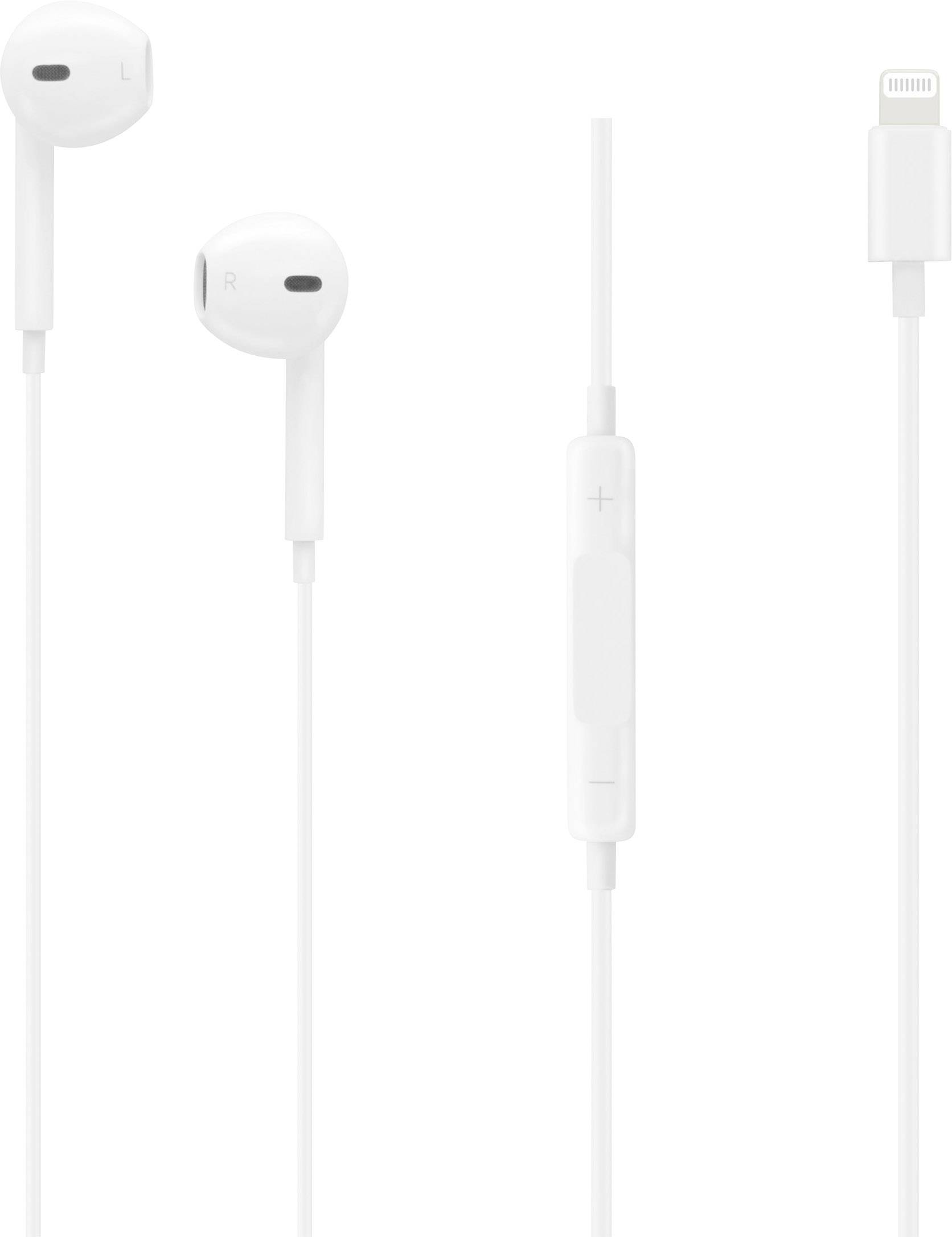 Écouteurs intra-auriculaires blancs filaires avec commandes et connecteur Lightning.