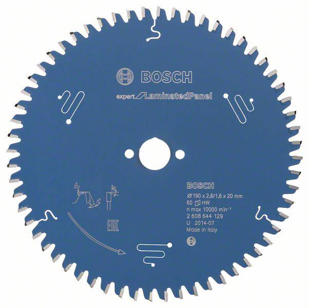 Lame de scie circulaire Bosch avec 60 dents, spécialement conçue pour le stratifié. Dimensions : 190 x 2,5/1,8 x 20 mm. Fabriqué en Italie.