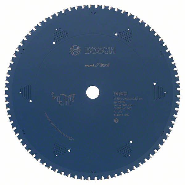 Lame de scie circulaire de la marque Bosch avec surface bleue et de nombreuses petites dents, adaptée aux travaux sur bois et métaux.