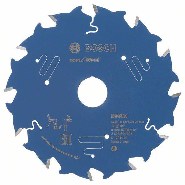 Lame de scie circulaire Bosch pour bois, bleue, avec douze dents, adaptée pour des profondeurs de coupe jusqu'à 15 000 tr/min, diamètre 230 mm.