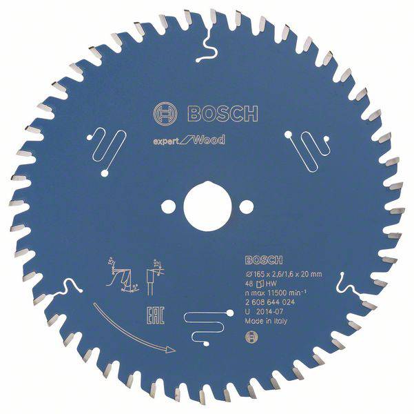 Lame de scie circulaire pour bois de Bosch, diamètre 165 mm, 48 dents, vitesse de rotation maximale 11 500 tr/min, fabriqué en Italie.