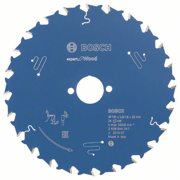 Lame de scie circulaire BOSCH pour bois, diamètre 190 mm, 24 dents, vitesse max 10 000 tr/min, fabriquée en Italie, surface bleue.