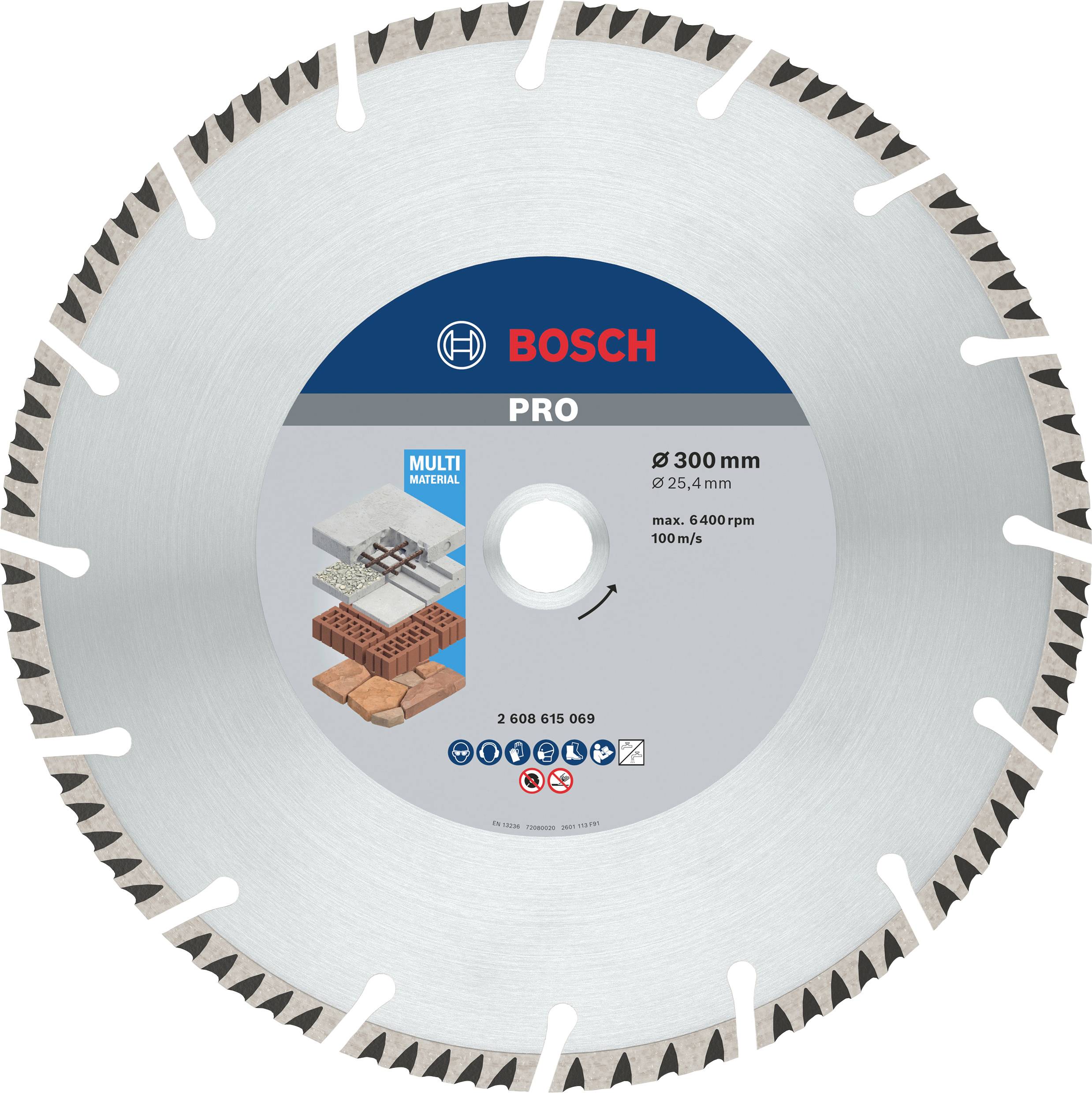 Disque à tronçonner rond de la marque Bosch pour matériaux tels que béton et briques, diamètre 300 mm, max. 6400 tr/min, vitesse 100 m/s.
