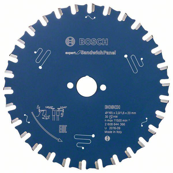 Lame de scie circulaire portant l'inscription « BOSCH expert Sandwich Panel », avec un fond bleu et des spécifications techniques.