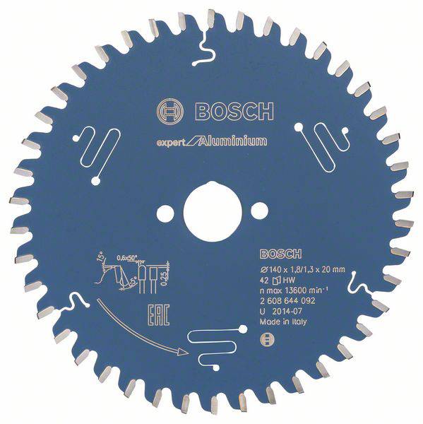 Lame de scie circulaire Bosch 'expert pour l'aluminium', diamètre 140x1,8/1,3x20 mm, vitesse maximale 11500 tr/min, symbole EAC, fabriqué en Italie.