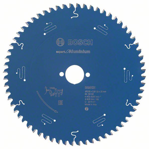 Lame de scie circulaire Bosch à surface bleue, spécialement conçue pour les travaux en aluminium. 72 dents, diamètre de 250 mm.