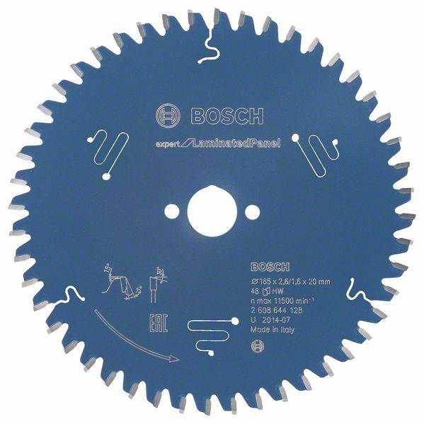 Lame de scie circulaire Bosch, bleue, avec 48 dents, adaptée pour le stratifié. Inscription : « expert pour panneaux stratifiés », « Fabriqué en Italie ».