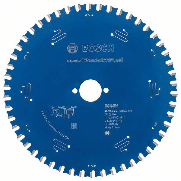 Lame de scie circulaire avec logo Bosch sur fond blanc, adaptée aux panneaux sandwich, diamètre 275 mm, 50 dents.