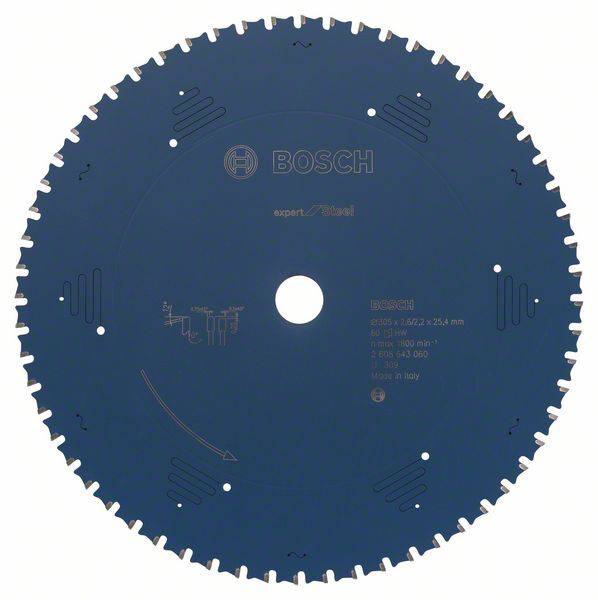 Lame de scie circulaire Bosch, bleue, avec plusieurs dents. Les marquages indiquent la marque, les détails du produit et les instructions d'utilisation.