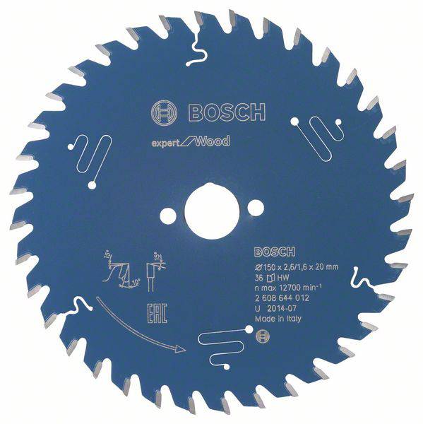 Lame de scie circulaire Bosch, spécialement conçue pour le bois, bleue avec 36 dents, diamètre de 150 mm. Nom de marque et caractéristiques techniques visibles.