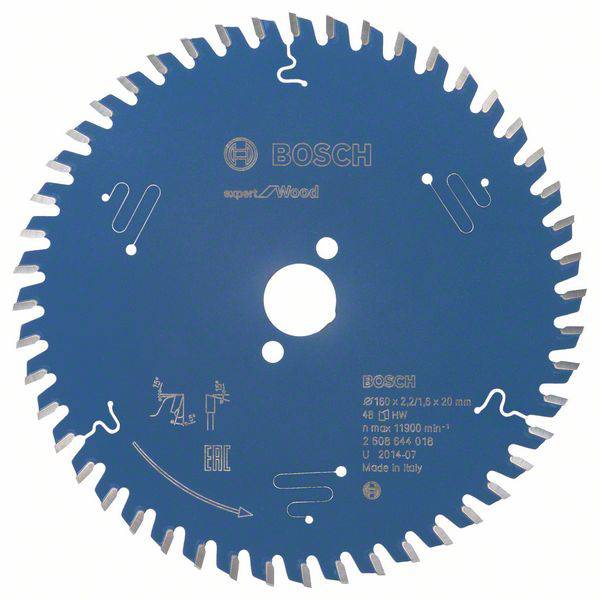Lame de scie circulaire Bosch, bleue, avec plusieurs dents de scie, adaptée au bois, modèle 'Expert for Wood', fabriquée en Italie.