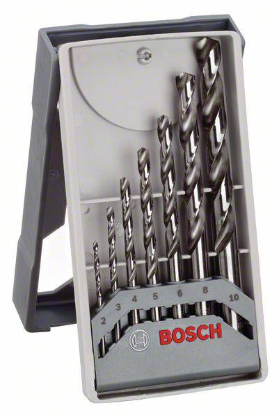 Coffret de forets en boîte grise contenant huit forets hélicoïdaux de différentes tailles, marqués de 3 à 10 mm, avec le nom de marque 'BOSCH' bien visible.