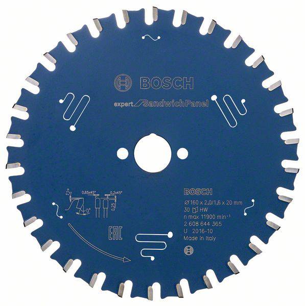 Lame de scie Bosch pour panneaux sandwich, diamètre 160 mm, vitesse de rotation maximale 11900 tr/min, fabriquée en Italie.