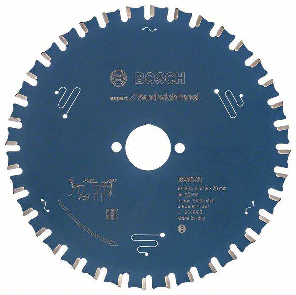 Lame de scie circulaire avec dents bleues, nom de marque et spécifications techniques imprimés. Modèle adapté aux panneaux sandwichs.