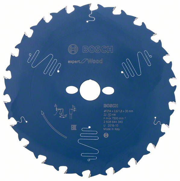 Lame de scie circulaire Bosch pour travaux sur bois, diamètre 254 mm, 60 dents, informations sur l'angle de coupe et le régime de rotation.