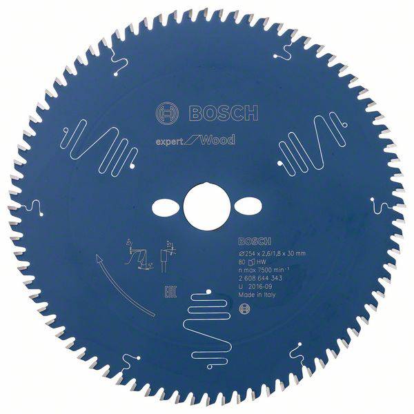 Lame de scie circulaire « Expert for Wood » de Bosch, adaptée aux travaux sur bois, diamètre de 216 mm, 60 dents, fabriquée en Italie.