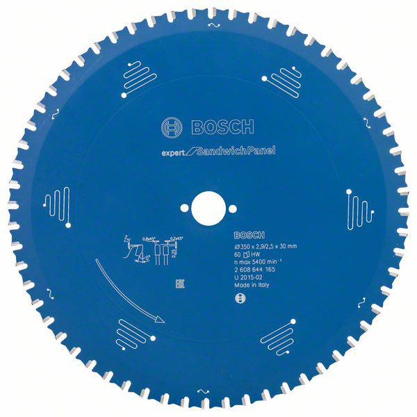 Lame de scie circulaire Bosch en bleu, modèle 'expert Sandwich Panel', diamètre 350 mm, 60 dents, adaptée pour les panneaux sandwichs.
