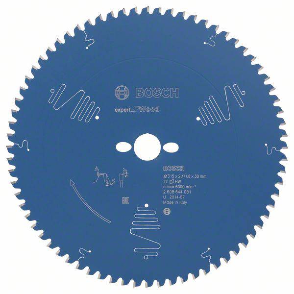 Lame de scie circulaire Bosch pour le bois, bleue, avec 72 dents. Adaptée pour des coupes précises. Marquages pour les détails du modèle visibles.