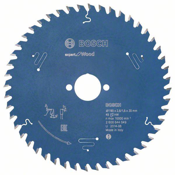 Lame de scie circulaire Bosch sur fond bleu, diamètre 190 mm, pour travaux sur bois, vitesse maximale 10 000 tr/min, 48 dents.