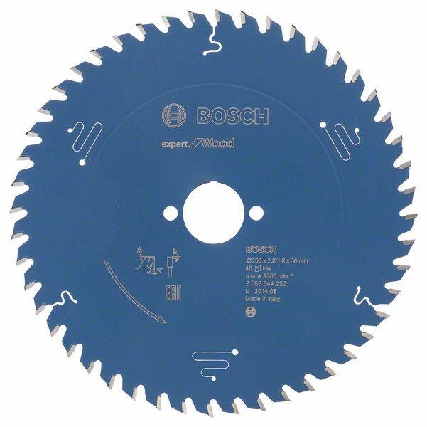 Une lame de scie circulaire bleue ronde avec des dents tranchantes, portant l'inscription « Bosch Expert for Wood ». Fabriqué en Italie.