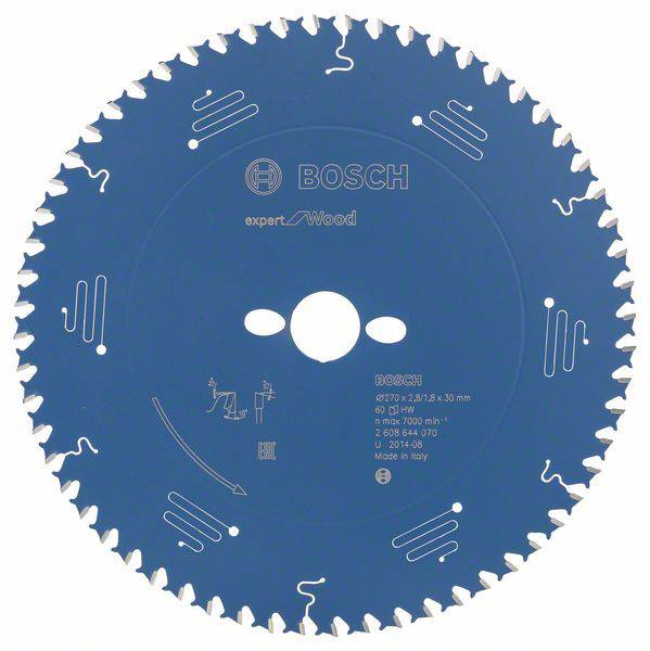 Une lame de scie circulaire bleue Bosch pour le bois, diamètre 270 mm, 60 dents. Étiquette avec spécifications techniques au centre.
