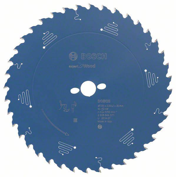 Lame de scie circulaire à nombreuses dents, teintée en bleu. Marquages et logo 'BOSCH' visibles. Outil de coupe pour le travail du bois.