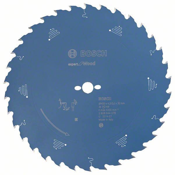 Lame de scie circulaire en acier, adaptée pour le travail du bois. Bleue, avec des marquages indiquant le sens de coupe et les spécifications techniques.