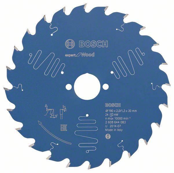 Lame de scie circulaire, Ø190 mm, Expert pour le Bois, 24 dents, adaptée aux travaux sur bois, vitesse de rotation maximale de 10 000 tr/min, fabriquée en Italie.