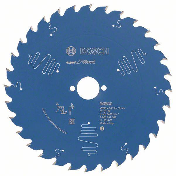 Lame de scie circulaire Bosch, expert pour le bois, 225 x 2,6 x 30 mm, 52 dents, 8400 tr/min, Fabriqué en Italie.