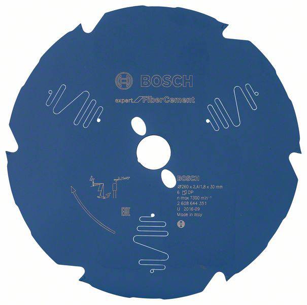 Lame de scie circulaire bleue Bosch, spécialement conçue pour le fibro-ciment. Diamètre : 250 mm, Dents : 4/8, Alésage : 30 mm. Fabriqué en Italie.