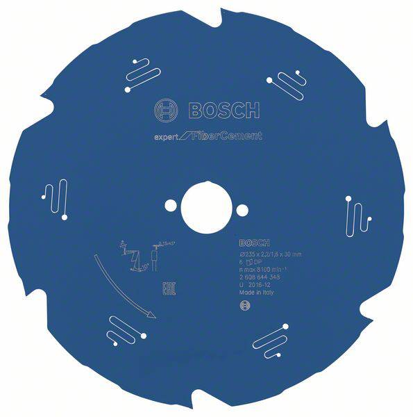 Une lame de scie bleue avec le logo Bosch et l'inscription 'expert for Fiber Cement'. Adaptée aux matériaux fibreux.