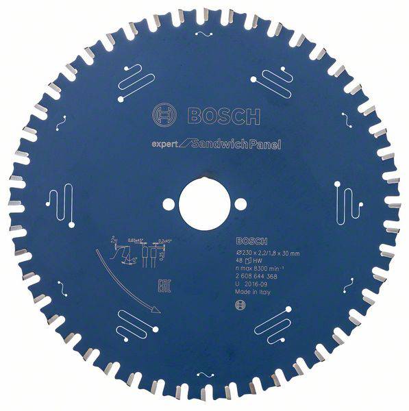 Une lame de scie bleue portant l'inscription 'Bosch Expert pour panneaux sandwich', adaptée à différentes applications de coupe.