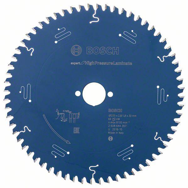 Lame de scie circulaire Bosch de la série 'expert for High Pressure Laminate', diamètre 250 mm, spécialement adaptée pour le stratifié.