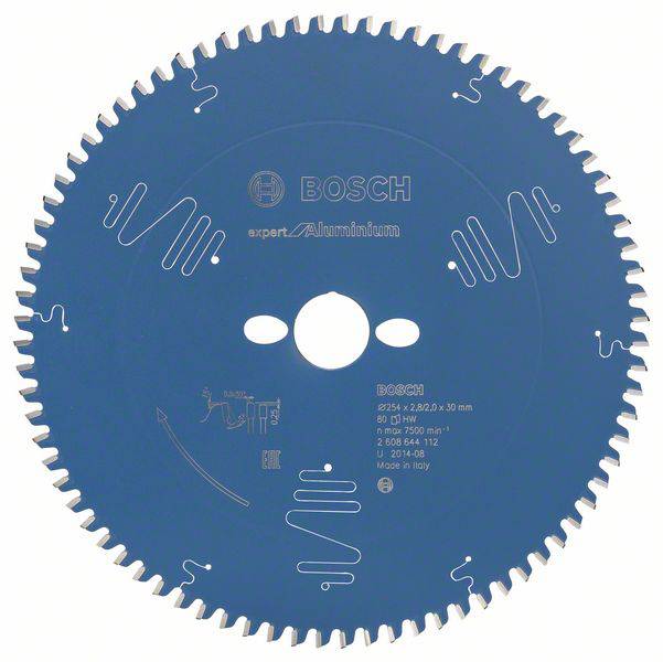 Une lame de scie circulaire dentelée, colorée en bleu, portant l'inscription 'Bosch' et 'expert for Aluminium', adaptée pour l'usinage des métaux.