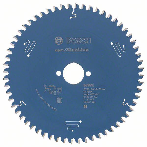 Lame de scie circulaire avec dents et logo Bosch, spécialisée pour l'aluminium. INFORMATIONS : 216 x 30 mm, 90 dents, 5000 tr/min, Fabriqué en Italie.