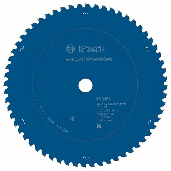 Lame de scie circulaire bleue portant l'inscription 'BOSCH Expert StainlessSteel'. Diamètre 305 mm, 60 dents, pour l'usinage de l'acier inoxydable.