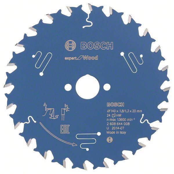 Une lame de scie circulaire bleue Bosch avec 24 dents, adaptée pour le bois. Marquée avec des spécifications techniques et le pays d'origine Italie.