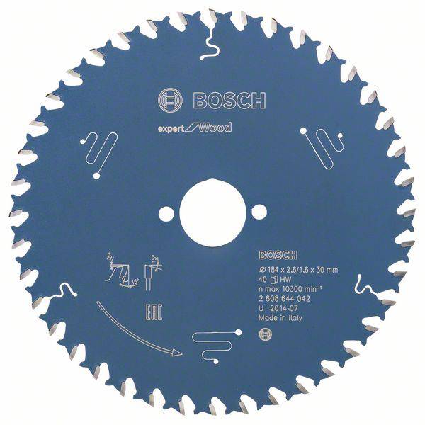Lame de scie circulaire Bosch, 'Expert pour le Bois', 184 x 2,6/1,6 x 30 mm, 40 dents. Fabriqué en Italie.