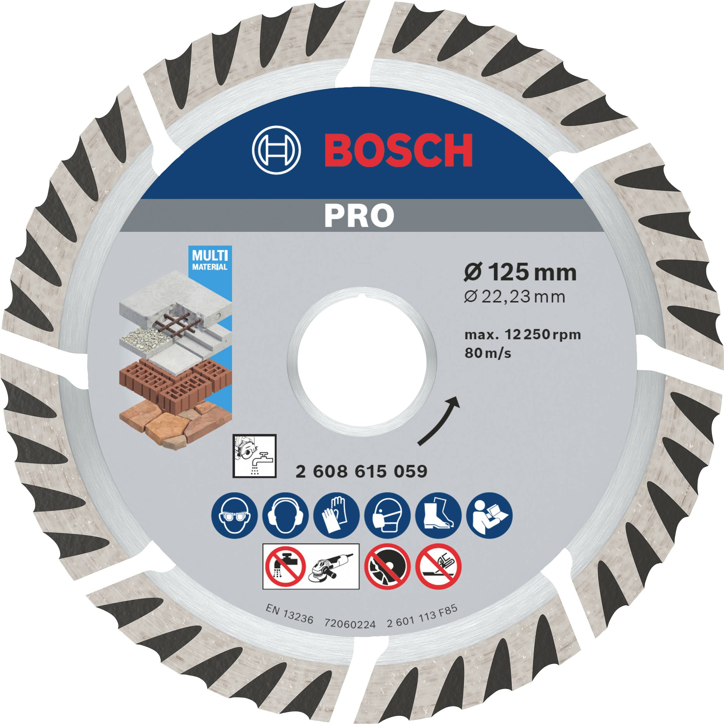 Disque à tronçonner Bosch, diamètre 125 mm, adapté aux multi-matériaux tels que le béton et la pierre, vitesse de rotation maximale de 12 250 tr/min.