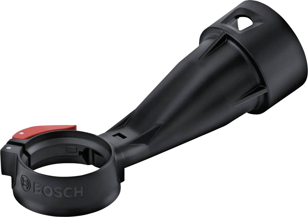 Accessoire d'extraction de poussière Bosch, noir, avec un entonnoir conique et un collier de serrage circulaire, utilisé pour améliorer la collecte des poussières lors du perçage.