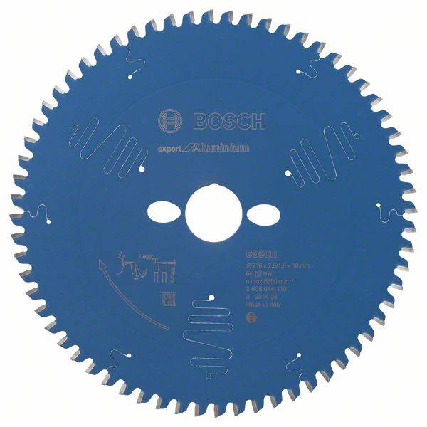 Lame de scie bleue avec logo Bosch blanc, 96 dents, spécialement conçue pour l'aluminium. Description du modèle et détails techniques imprimés sur la lame.