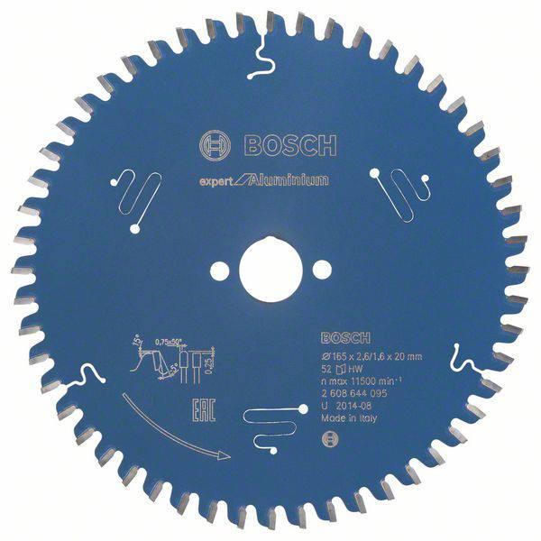 Lame de scie circulaire portant l'inscription 'Bosch Expert Aluminium'. Surface bleue, avec un bord denté conçu pour couper l'aluminium de manière efficace.