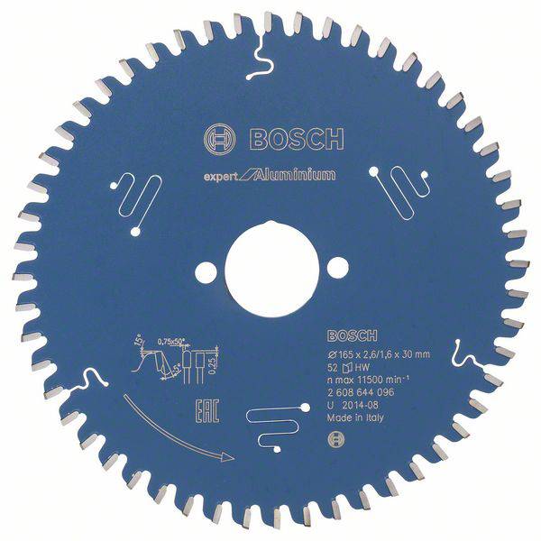 Lame de scie circulaire avec dents en métal, adaptée pour la coupe d'aluminium, diamètre 165 mm, vitesse de rotation max. 11500 tr/min, fabriquée en Italie.