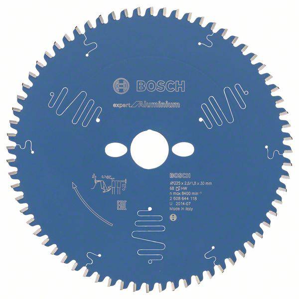 Une lame de scie Bosch bleue pour aluminium, diamètre 225 mm, 84 dents. Elle présente le logo Bosch et les spécifications techniques.