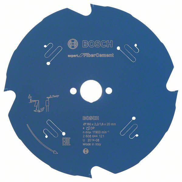 Lame de scie pour fibrociment Bosch, diamètre 160 mm, vitesse de rotation maximale 11 940 min⁻¹, 4 dents, Fabriqué en Italie.