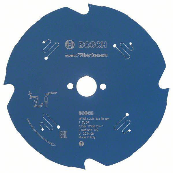 Un disque de coupe Bosch circulaire avec des inscriptions et des symboles. Adapté pour la fibre-ciment. Diamètre : 165 x 20 mm.