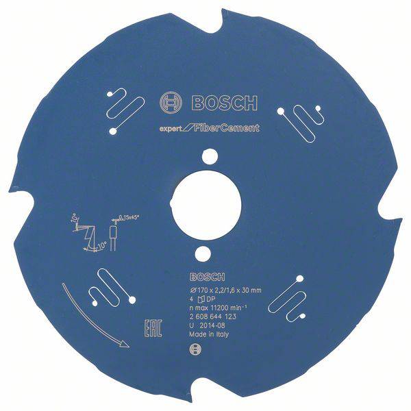 Disque de coupe bleu Bosch pour fibrociment, avec différentes spécifications techniques et symboles en surface.