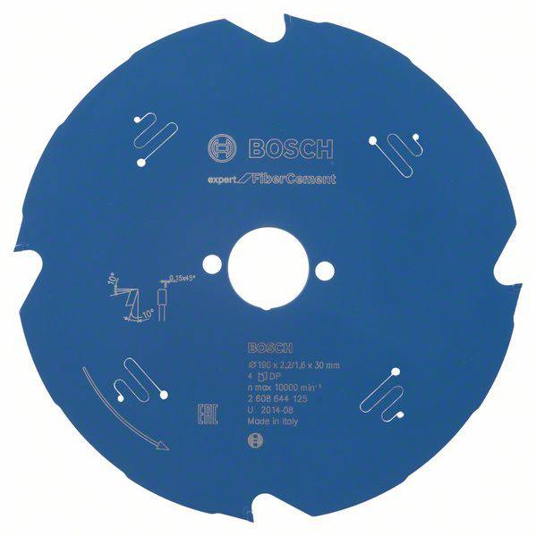 Lame de scie bleue portant l'inscription 'BOSCH expert/Fiber Cement', avec des spécifications techniques et des symboles. Principalement adaptée pour le fibrociment.