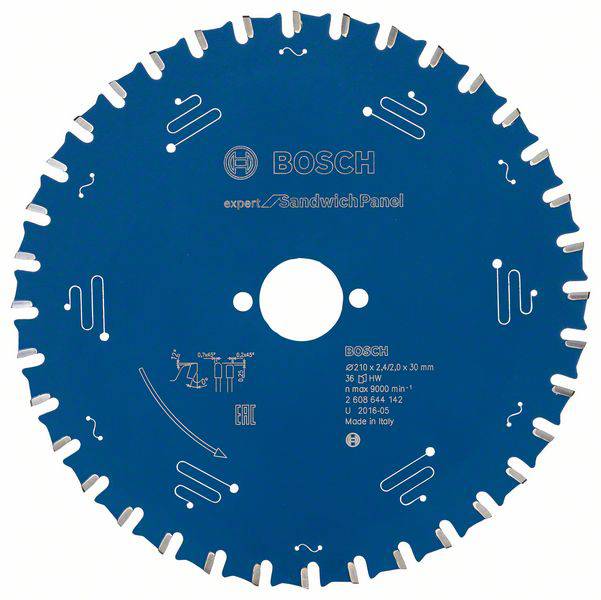 Lame de scie bleue portant l'inscription 'Bosch expert pour SandwichPanel'. Fabriquée en Italie. Adaptée aux panneaux sandwich, 30 mm.