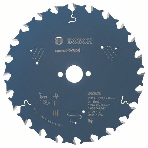Lame de scie circulaire Bosch pour bois, 24 dents, diamètre 165 mm, vitesse maximale 11 500 tr/min, fabriquée en Italie.
